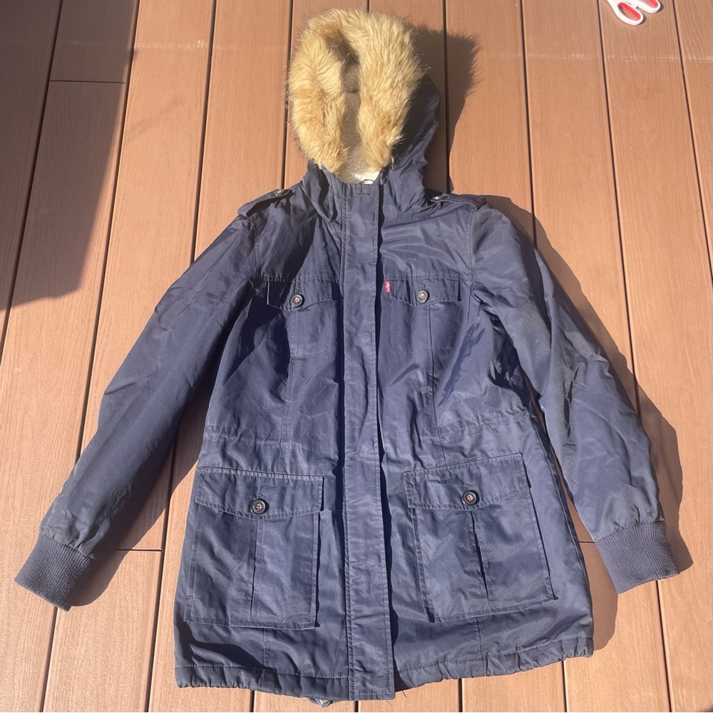 Levi's Navy Hooded Coat/Jacket with Faux Fur Trim Utility Warm Lining Medium